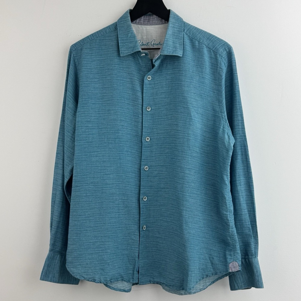 Robert Graham Linen Cotton Shirt Men's L Blue Textured Button Up Classic Fit